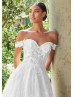 Beaded Off Shoulder Ivory Lace Romantic Wedding Dress